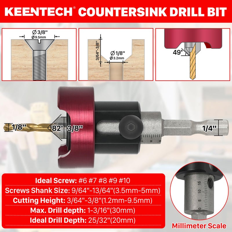 KEENTECH Carbide Tipped 82 Countersink Drill Bit with Depth Stop  3/8"" Dia x 1/8"" Drill Diameter x 1/4"" Shank  Adjustable Depth Stop with Ball Bearing for High Fine Finish on Softwood and Hardwood - Image 5